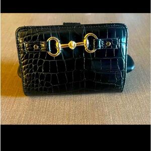 Anne Klein Wristlet Purse Clutch Wallet Black and Gold Croco Horsebit